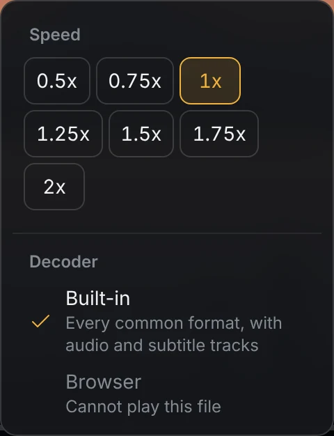 Playback settings: speeds from 0.5x to 2x, with 1x selected, and the decoder, Built-in selected, Browser below it.