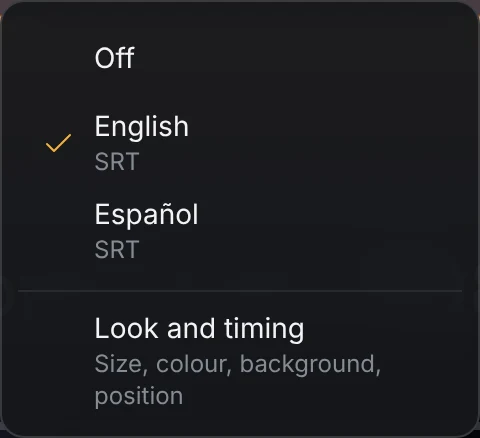 The subtitles menu with English selected.
