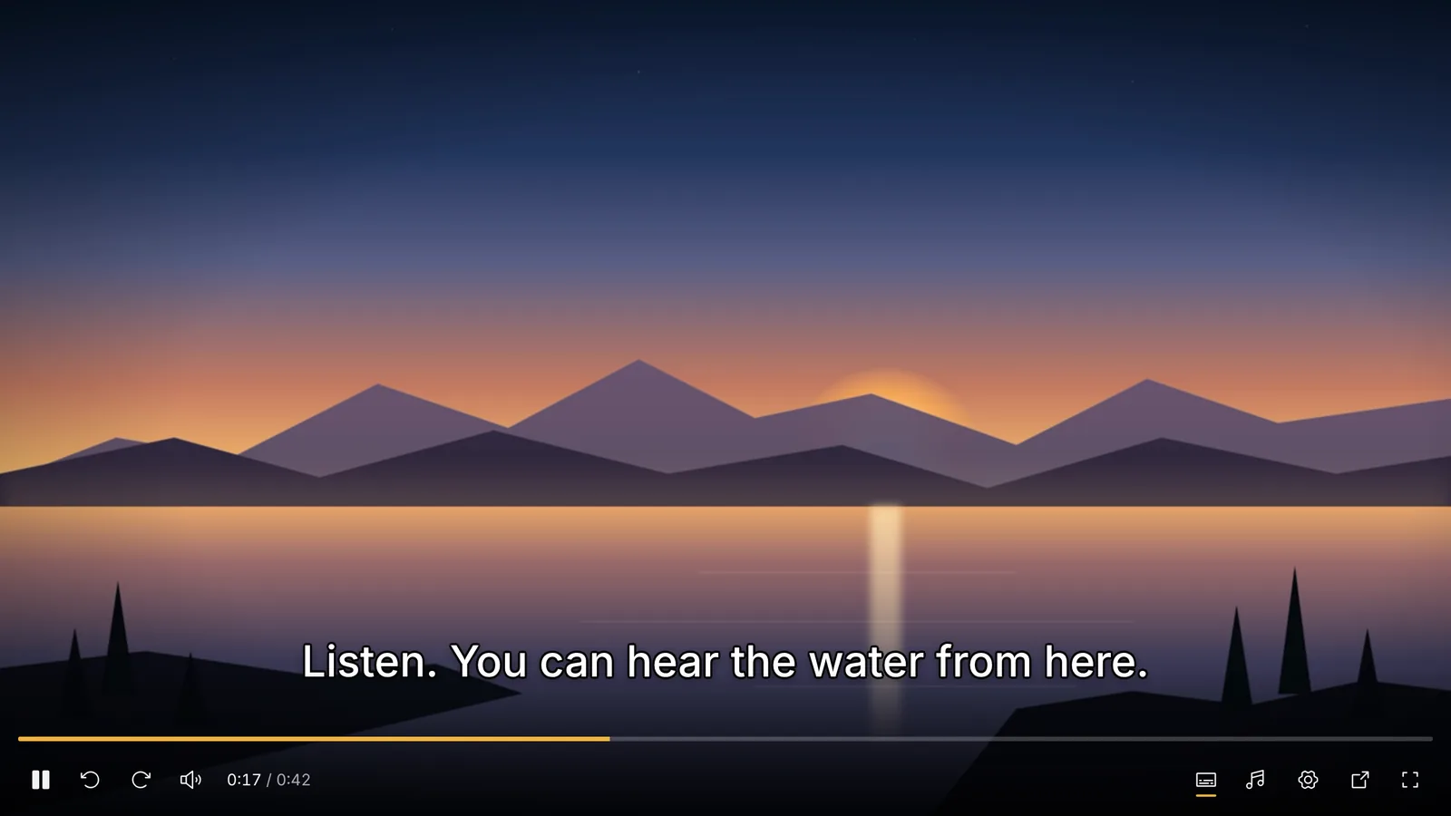 The player showing a video of a lake at sunset with an English subtitle line, the timeline and the controls.